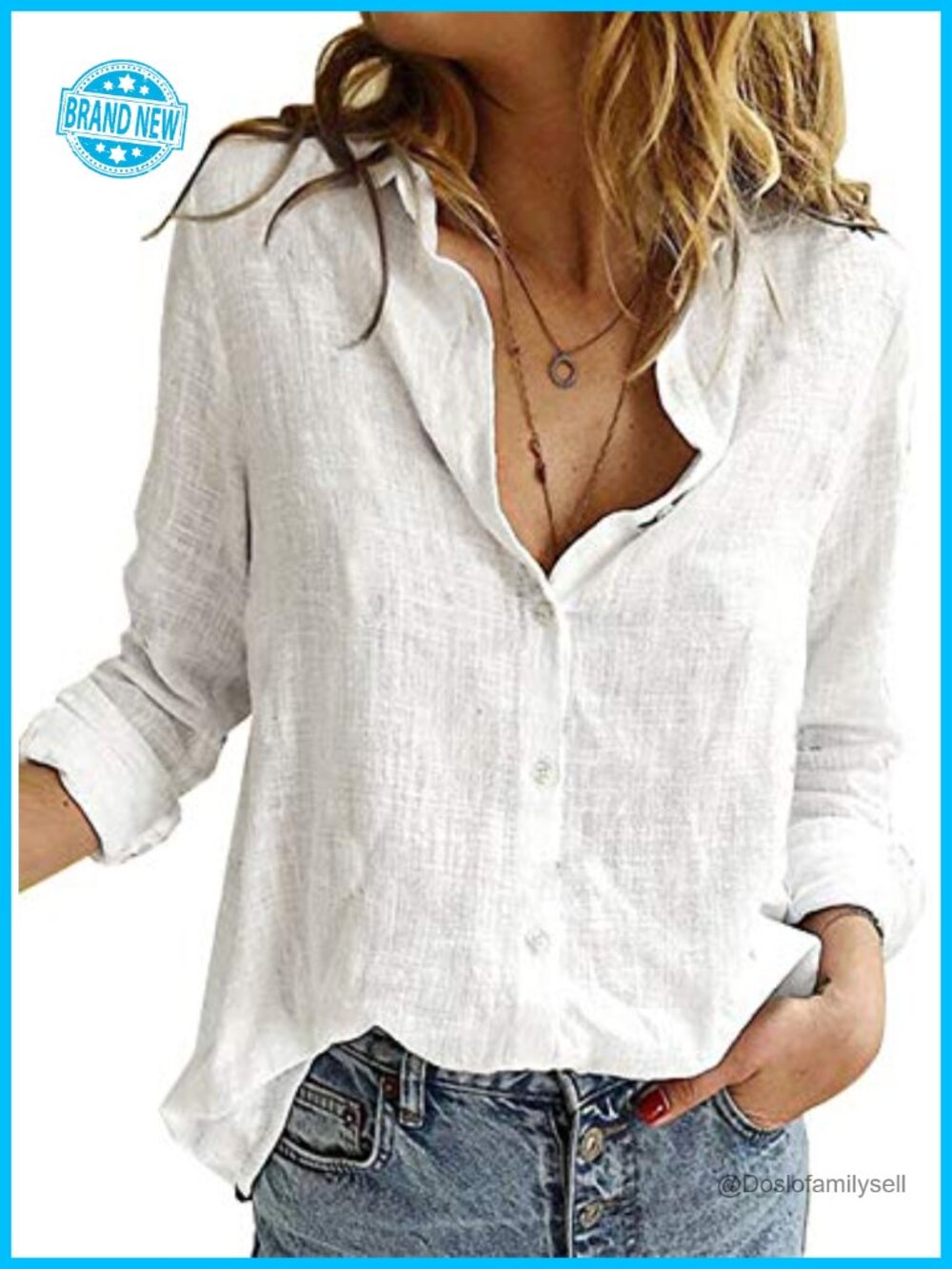 Womens V Neck Roll Up Sleeve Button Down Blouse Loose Fit Casual Work Top